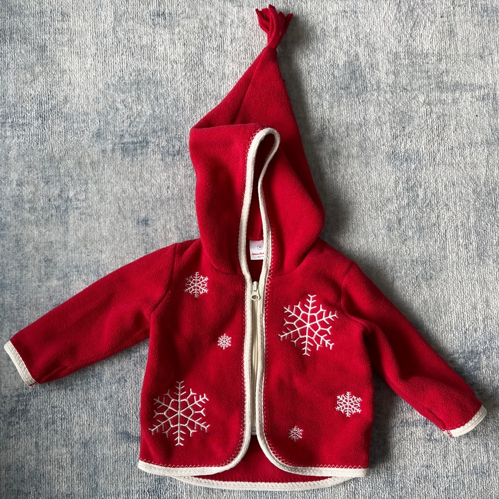 Hanna Andersson Cozy Red Fleece Jacket with Snowflake Design. Size 70.
